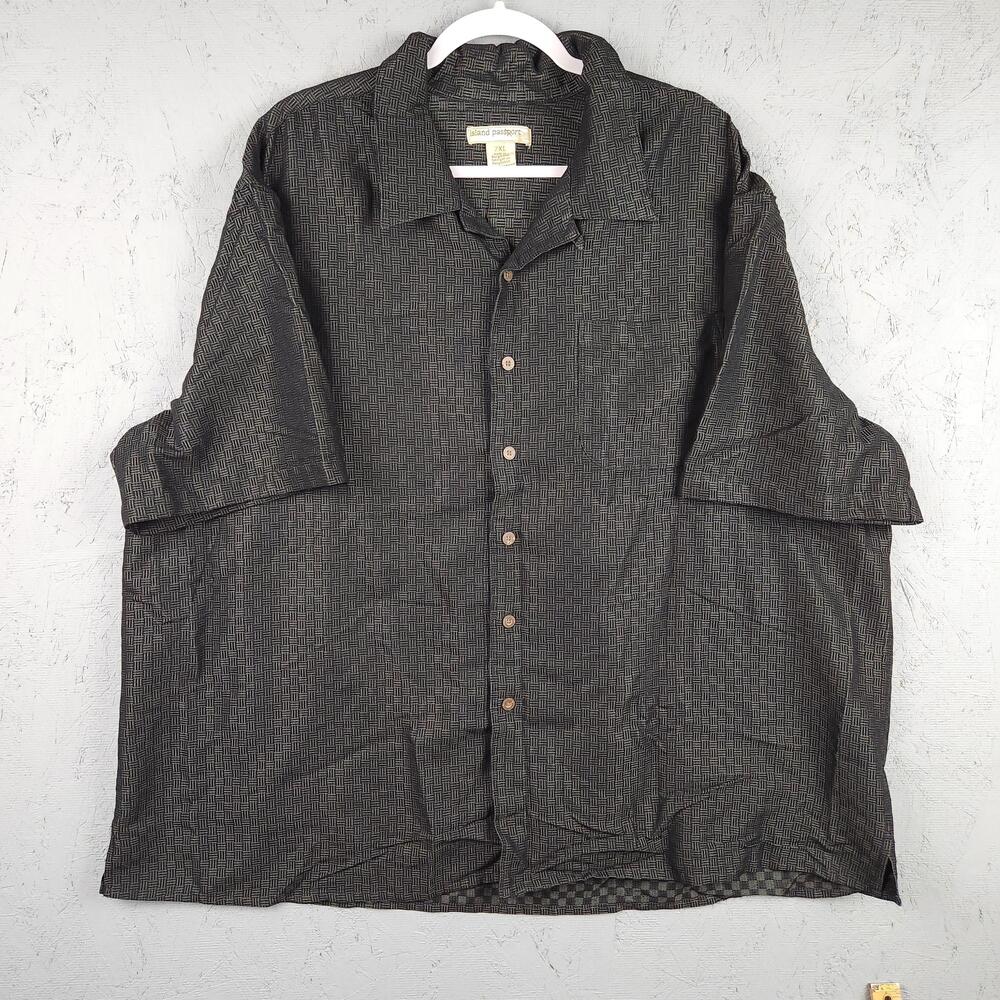 Island Passport Shirt Mens 2XL Black Gray Geometric Camp Hawaiian Tropical Beach